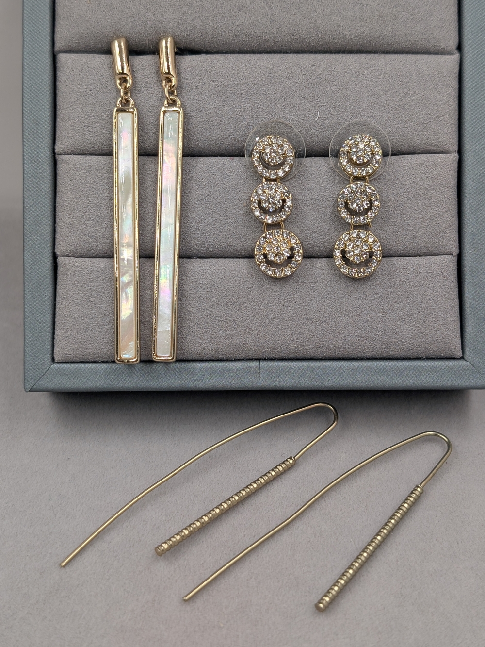 3-Pair Gold-Tone Statement Earring Set Shell Crystal Threader | M166